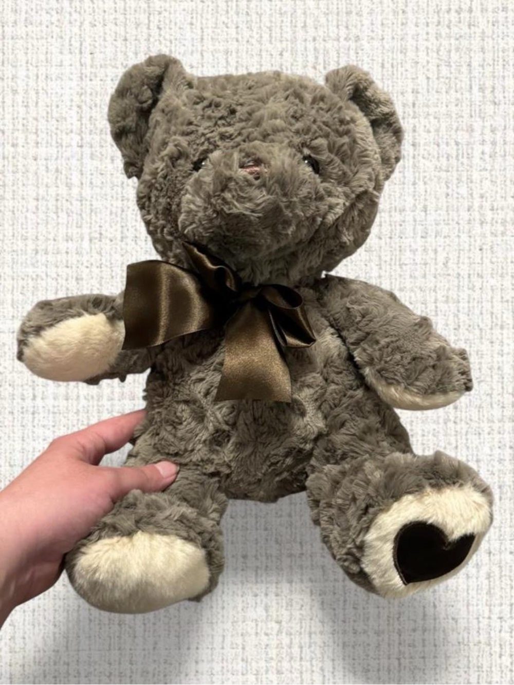 Walmart Gray Teddy Bear Plush Brown Satin Bow Heart Paw Curly Fur Stuffed Animal